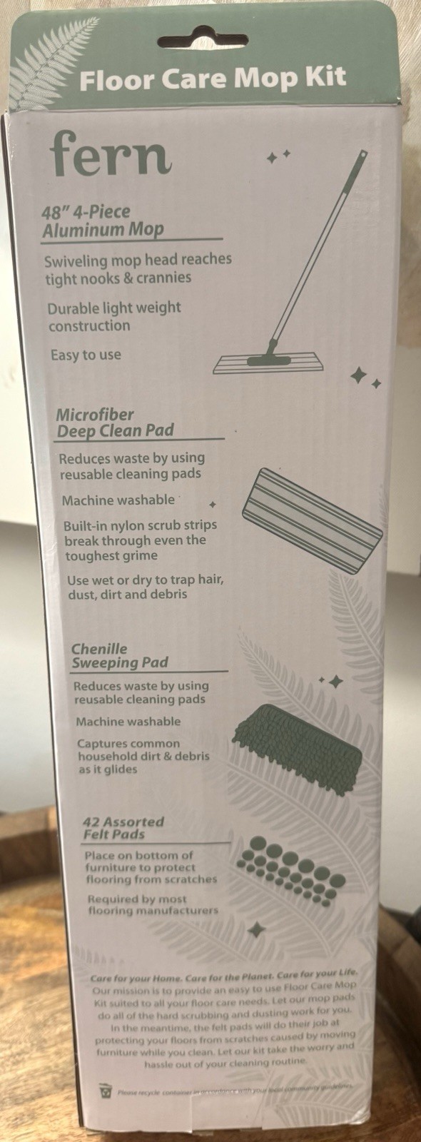 Fern Floor Care 4 Piece 48” Mop Kit Multi-Surface Floors Microfiber &Chenille