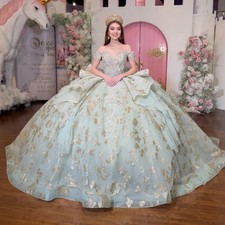 Mint Green Quinceanera Dresses Ball Gown Sweet 16 Gold Applique Birthday Party