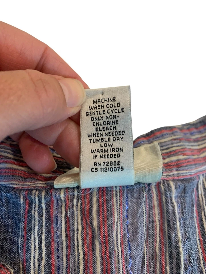 Women’s 3X Button Up Top Striped Crinkle Cotton Half Sleeve Blue Boho Comfort - Image 4 of 4