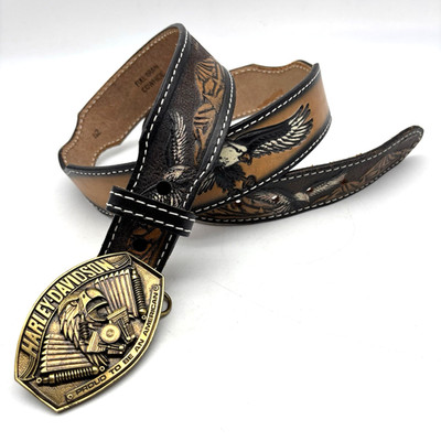 1990 Siskiyou Buckle Co Harley Davidson Brass Buckle on Eagle Tooled Belt 42 USA