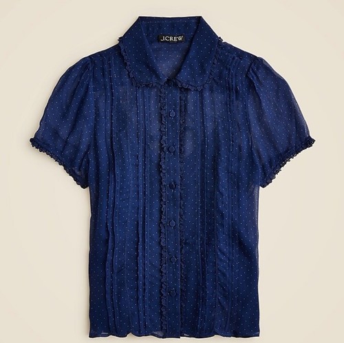 j crew Sheer lace-trim button-up shirt in dot crinkle chiffon Size 10 In Blue - 第 1/4 張圖片