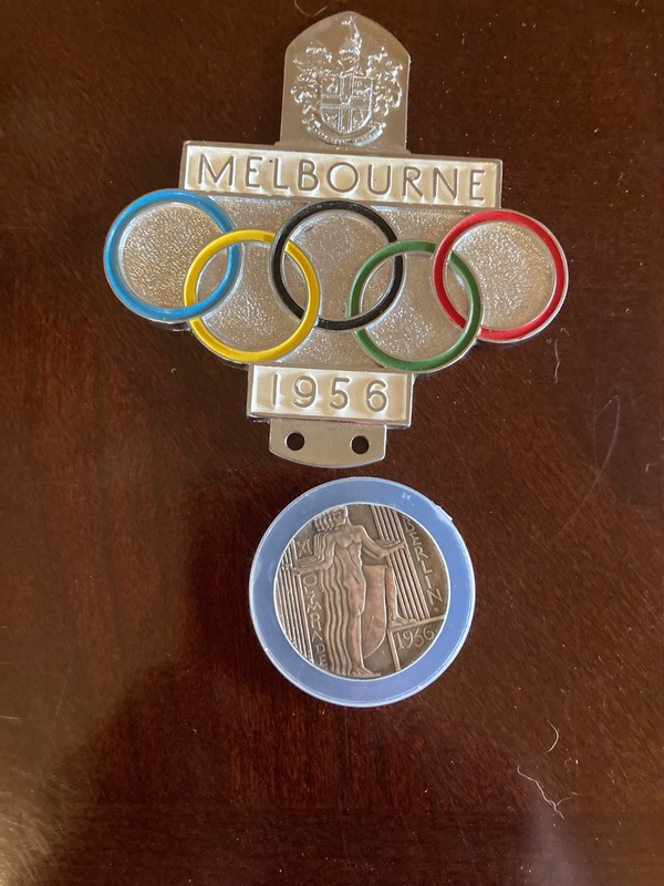 1956 melbourne car badge & 1936 olympic 1 1/2 inch medal