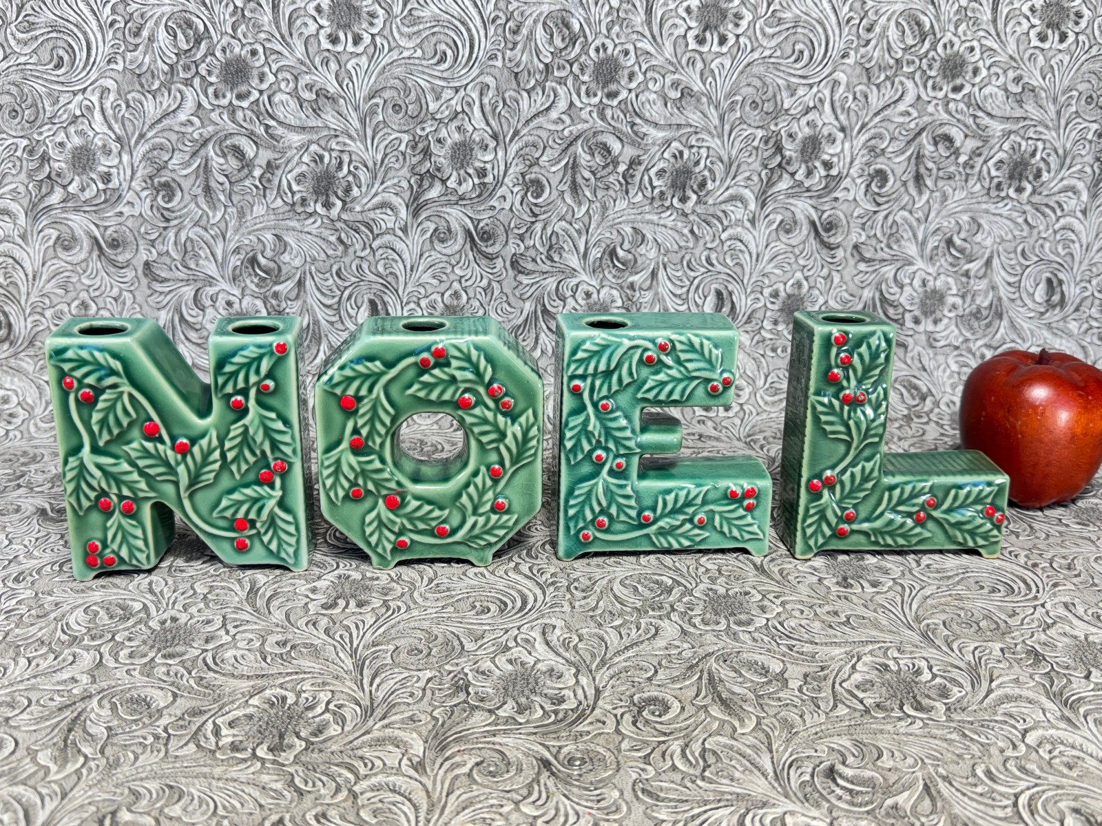 Vintage Christmas NOEL Letters Candle Holders Holly Berry Japan Ceramic 4" MCM