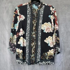 Citron Santa Monica Silk Button Up Blouse Large Floral Dragon Asian Kimono Style