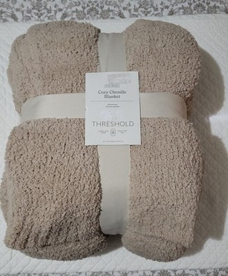Full/Queen Chenille Blanket Khaki Threshold Midweight Reversible Machine Wash