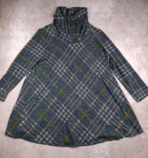 John Mark Tunic Womens XL Navy Yellow Plaid Cowl Neck Top 3/4 Sleeve Artsy