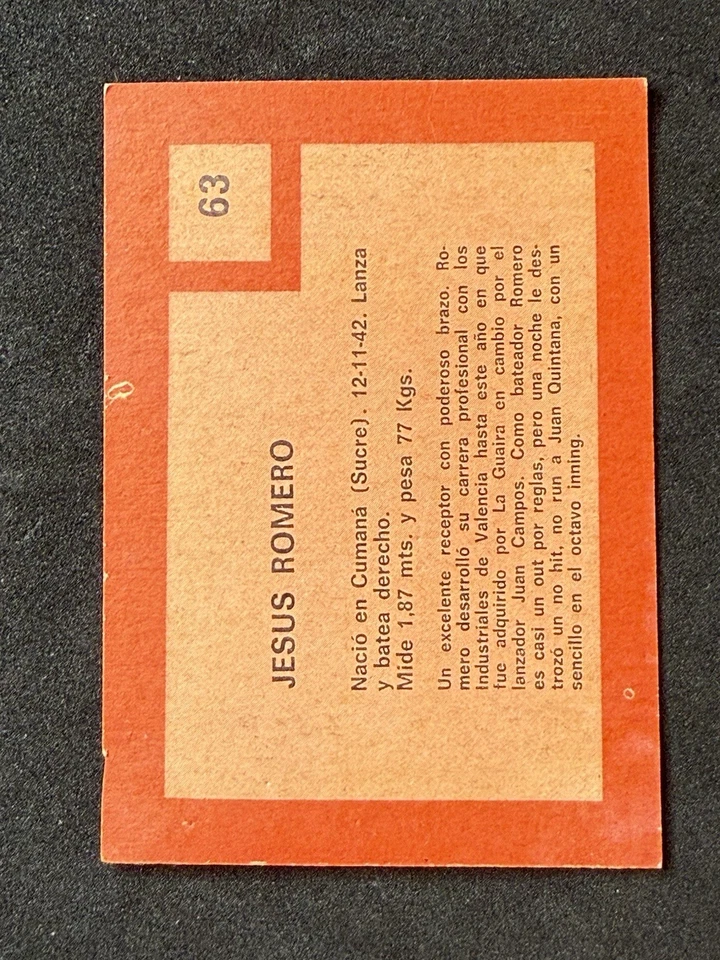1967 Venezuela Topps - Jesus Romero #63 (RC) - Image 2 of 2