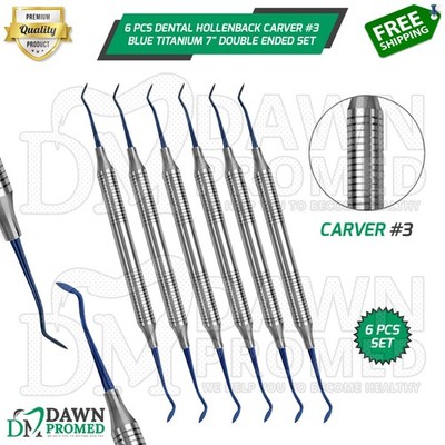 6 Pcs Hollenback Carver #3 Blue Titanium 7'' Double Ended Dental Instruments