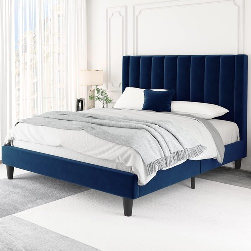 Platform Bed Frame with Velvet Upholstered Plush Vertical Channel Headboard - Picture 55 of 148