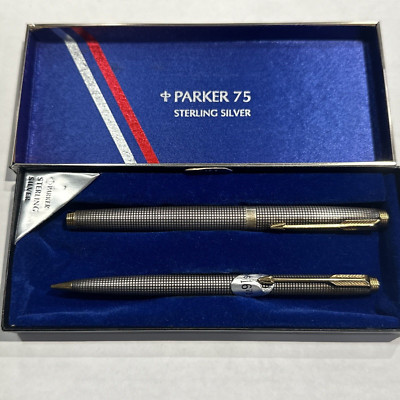 Vintage Parker 75 Cisele Sterling Silver Gold End Ball Pen & Pencil Set ...