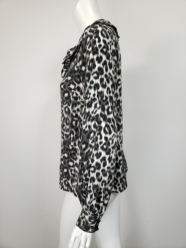 KATE SPADE White Gray Black Cheetah Print Silk Ruffled Tie Neck Button Shirt 4 - Picture 2 of 6