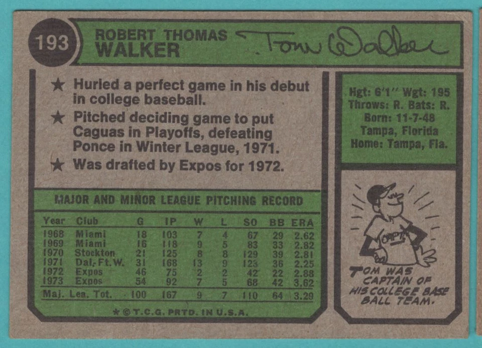 1974 Topps Tom Walker Montreal Expos #193 - Image 2 of 2