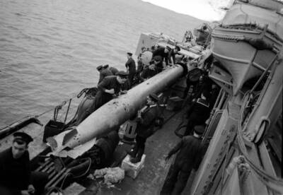 A torpedo being prepared action aboard French super destroyer L- 1941 Old Photo