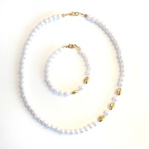 Authentic Pearls Necklace + Bracelet Gold Plated Cowries Sea Shell One of Kind Piece