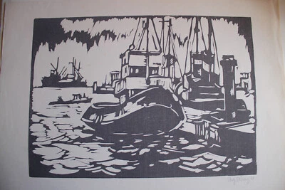 Rolf BÖHLIG  Hamburg Linolschnitt Fischerhafen mit Kutter signiert - Bild 1 von 3