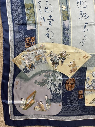 Vtg BO RUN 100% Silk SCARF Asian Women Children Blue Hand Rolled LARG 42" SQ EUC - Picture 10 of 19
