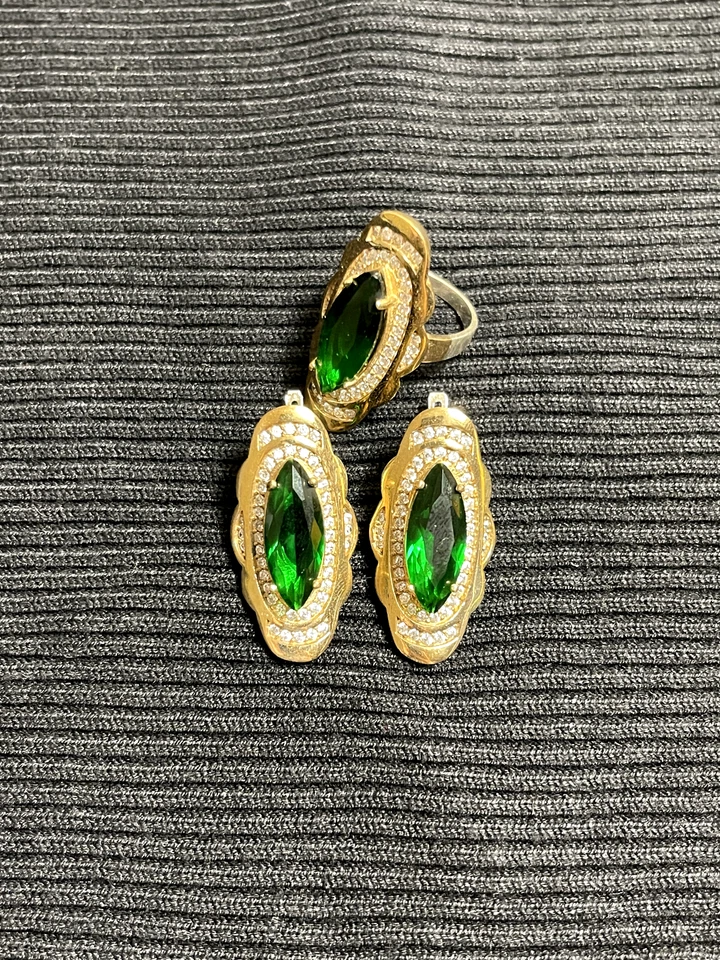 925 Пробы Османский стиль комплект кольцо размер 9 серьги имитации изумруд CZ - Изображение 3 из 4