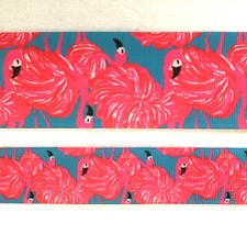 Palm beach style Grosgrain ribbon BTY 7/8" 1.5" pink flamingo on blue