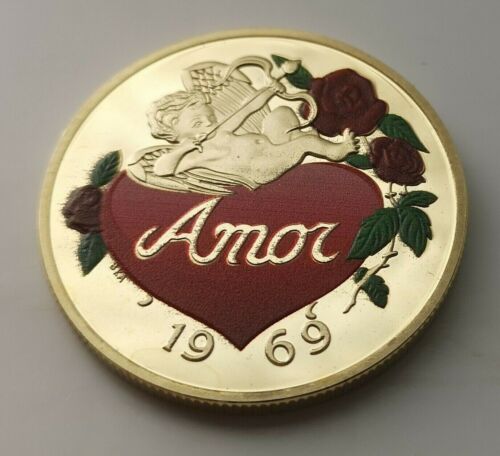 1969 Moneda de Oro de Amor Cupido Corazón Rosas Flores Mapa del Mundo Amor Día de San Valentín  - Imagen 1 de 3