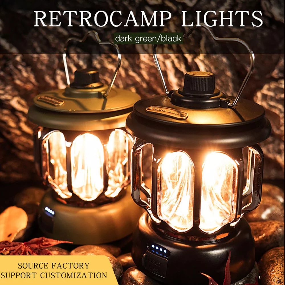 Retro Camping Light Rechargeable Outdoor Tent Lamp Lantern Hanging Night Light