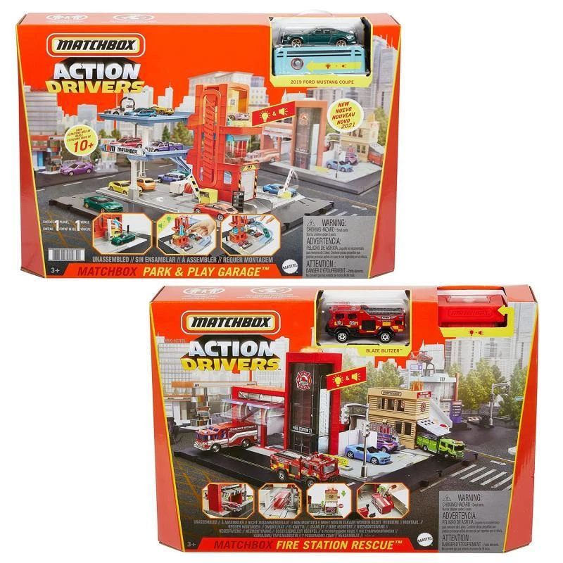 1 Matchbox HBD74 Action Driver Set Fire Rescue oder Parkhaus Spielzeug Auto 1:64