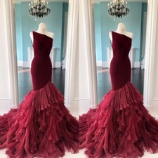Mermaid Evening Dresses Burgundy One Shoulder Tiered Sleeveless Prom Party Gowns