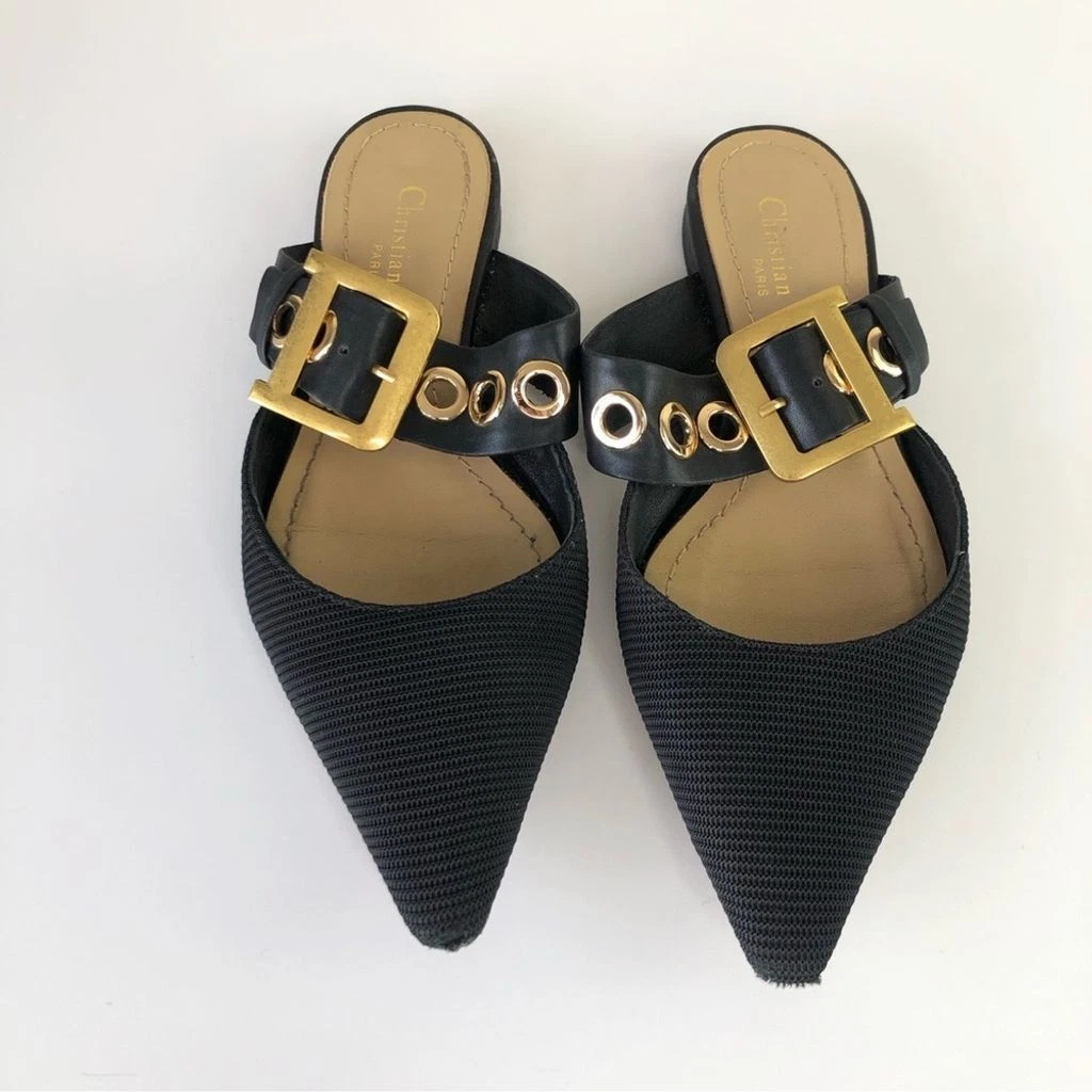 Mules plates Christian Dior noir tissu technique doré boucle D et œillet 6