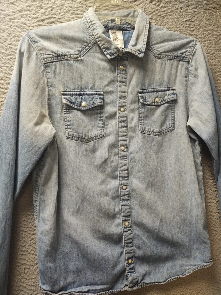 H&M Western Shirt Boys Size 14 Youth Blue Denin Pearl Snap Buttons Long Sleeve  - Image 4 of 4