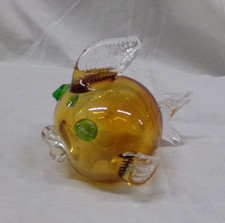 MURANO STYLE ART HEAVY GLASS AMBER PUFFER FISH SCULPTURE PAPERWEIGHT HAND BLOWN