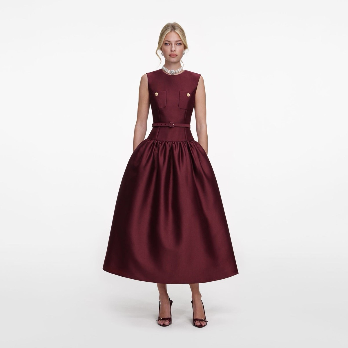 Self portrait BURGUNDY TAFFETA MIDI DRESS $735 NWT US 0 UK 4
