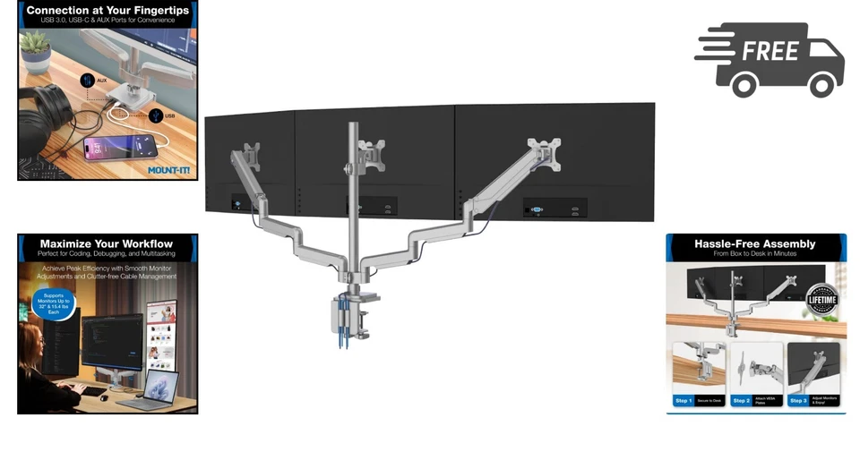 Triple Monitor Mount with Gas Spring Arms Full Motion Desk Stand for 24 32 In... - Image 2 of 4