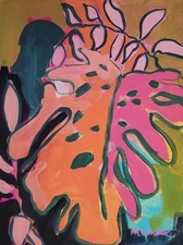 MONA VIVAR Original 12x9 Tropical Colorful Plants Abstract Fine Art Painting