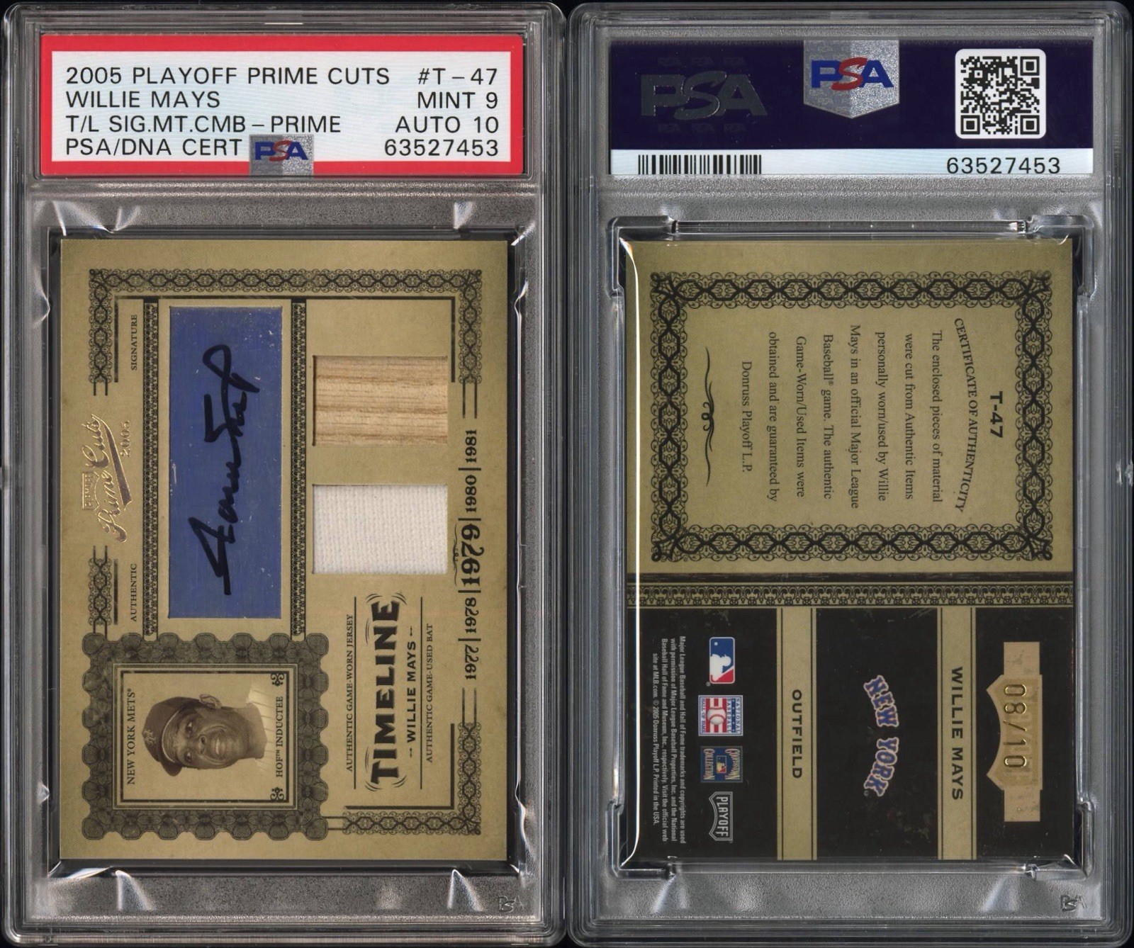 2005 PLAYOFF PRIME CUTS TIMELINE SIGNATURE MATERIAL #T-47 WILLIE MAYS 08/10 PSA9 view 3