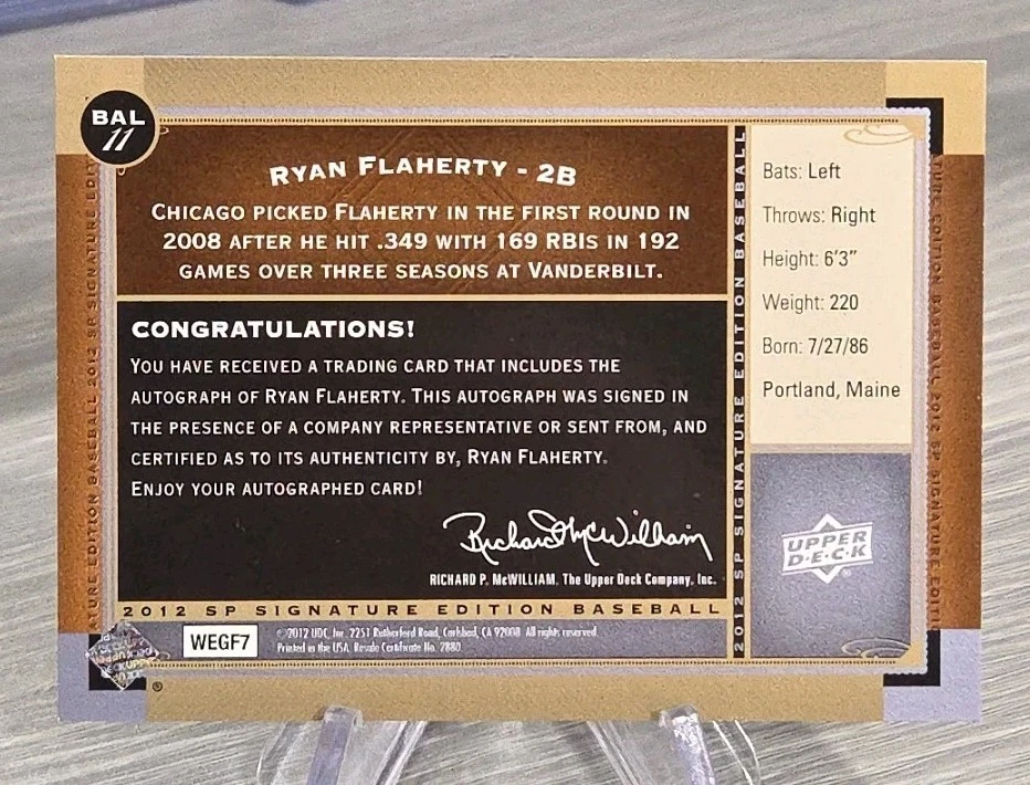 Ryan Flaherty 2012 SP Signature Edition Autograph Baltimore Orioles - Image 2 of 3