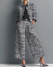 Completo Donna Tweed Elegante Con Pantalone Palazzo Nero Raffinato CF68188