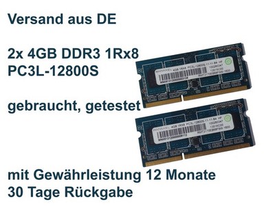 Notebook RAM 2x 4GB = 8GB 1Rx8 PC3L-12800S So-Dimm DDR3L 1,35V Speicher Laptop
