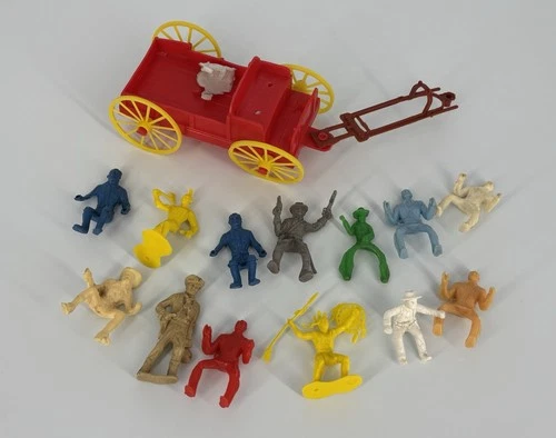 Large Vintage Lot of Multicolored Western Playset Wagon & Figures Marx MPC
