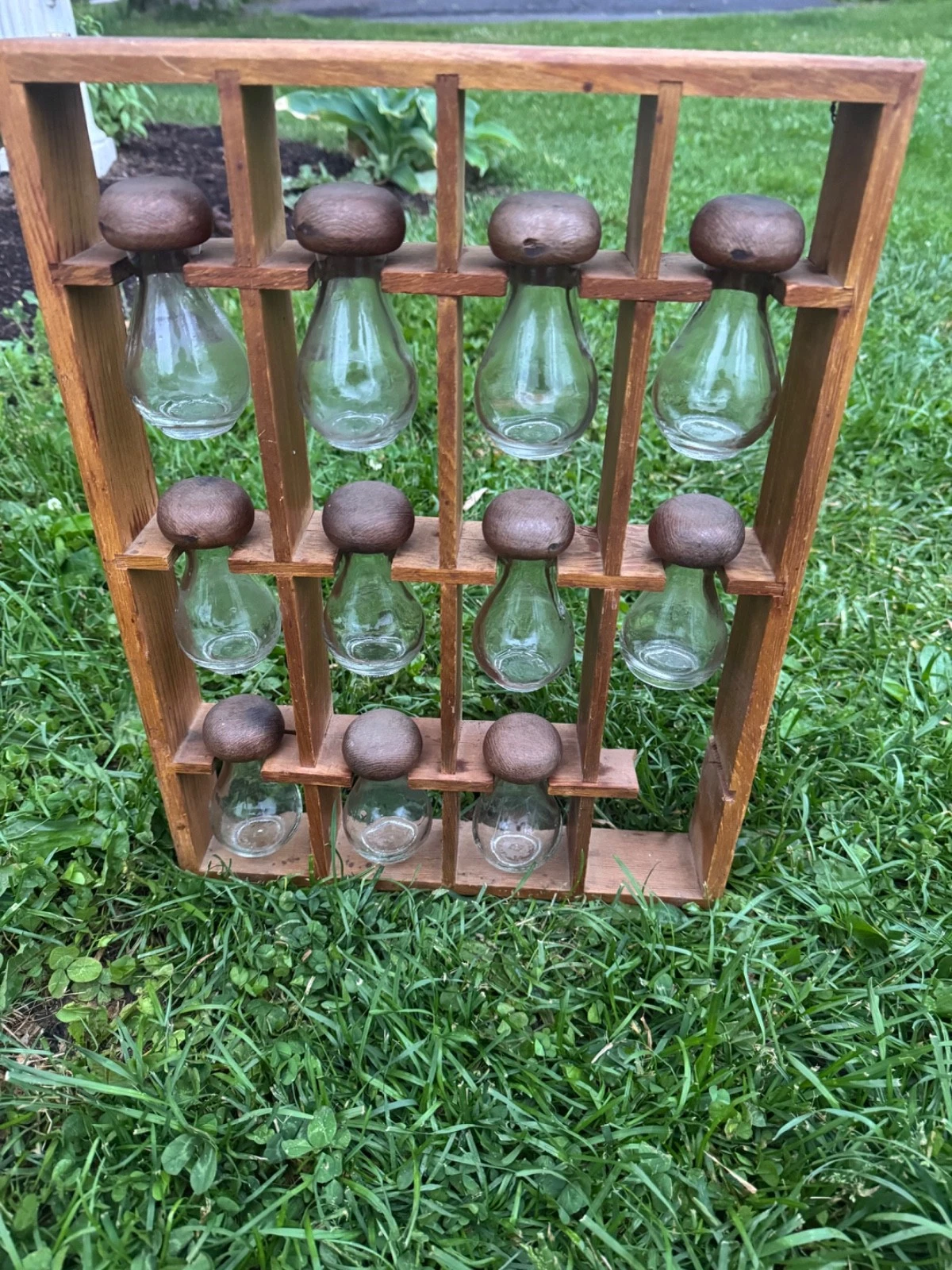 Vintage MCM Wood Spice Rack Hanging 11 Tear Drop Mushroom Glass Jar Mid Century