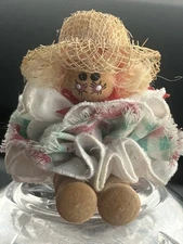 Vtg 3in Handmade Hand painted Wooden Bead Spool Doll Straw Hat Bow Ruffle Dress