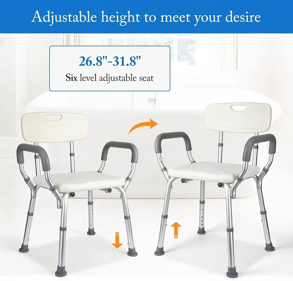 Silla de ducha con reposabrazos acolchados, respaldo y banco de baño de altura ajustable 350 libras Foto 4 de 4