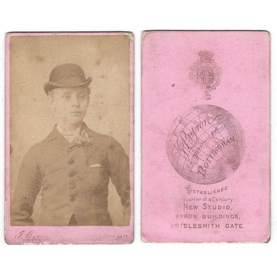 CDV Mann trägt Bowlerhut Carte de Visite von Byron of Nottingham