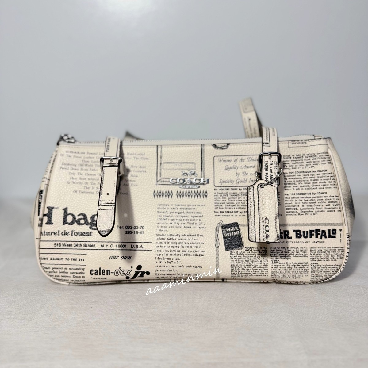 NWT Coach Asher Leather Shoulder Bag with Newspaper Print Chalk