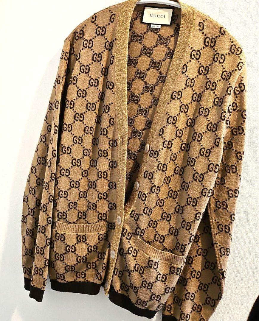 GUCCI Cardigan GG Logo Brown x Glitter Gold Size L Women's GUCCI Cardigan GG Logo Brown x Glitter Gold Size L Women's