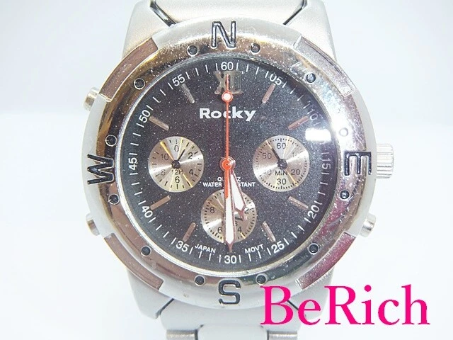 Rocky Mens Watch Black Dial Ss Silver Analog Quartz Fashion Second