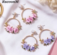 Women's Fashion Jewelry Pink Purple Red Yellow Flower Hoop Earrings TK2-1