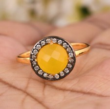 Yellow Moonstone Prong Setting Ring Silver Gold Plated CZ Rings For Men / Women