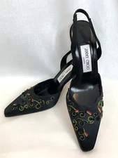 NEW $485 Jimmy Choo Black Satin Heels with Hand Beading and Embroidery, US 7
