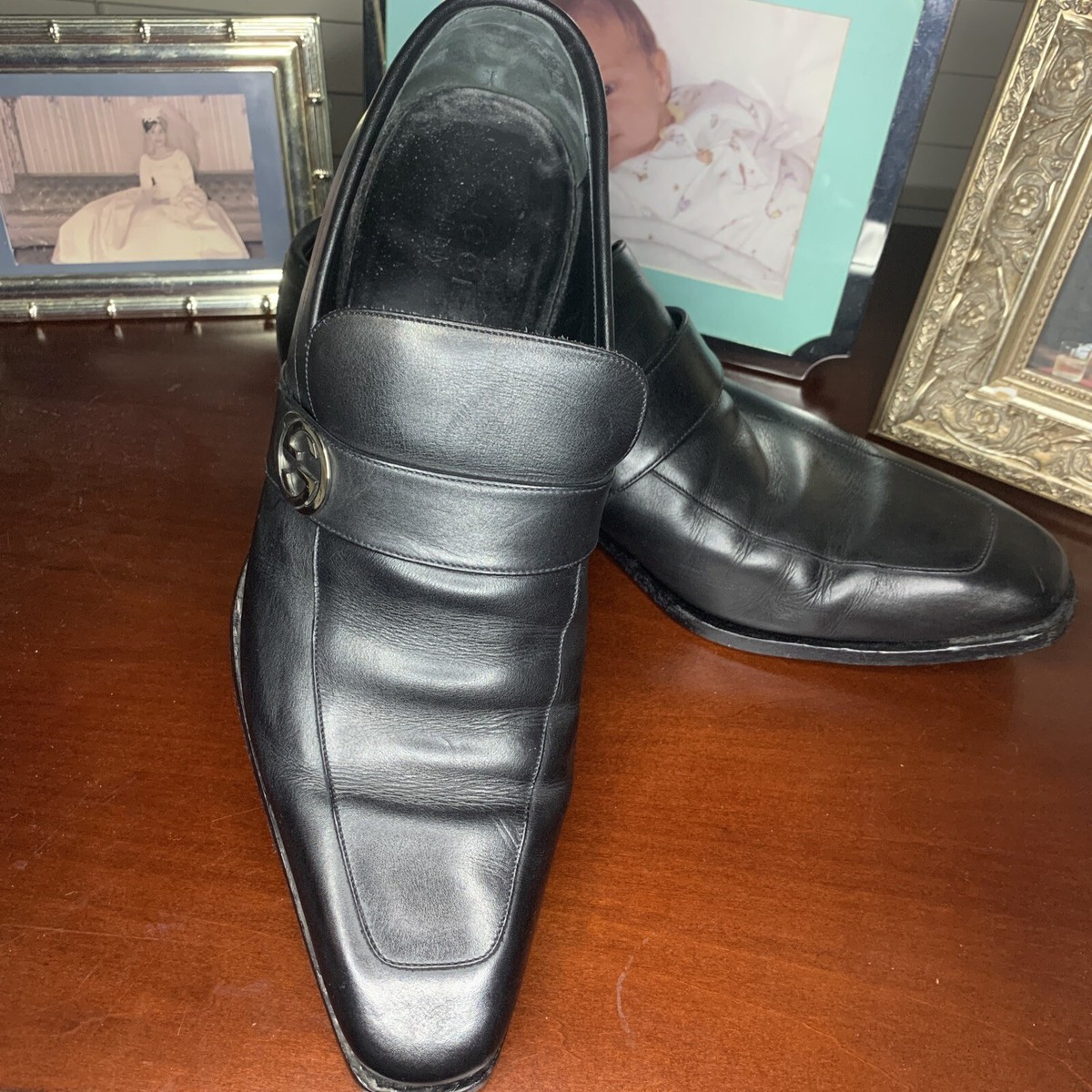 GUCCI Men\'s Black Double GG Logo Leather dress‎ loafers Italy 40 / US 7E w/ COA Gucci Men main image 2