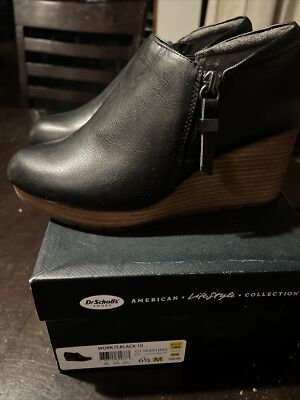 Scholls Work It Wedge Ankle Booties Black Comfort Be Energized  Side Zip