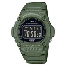 Casio W219HC-3BV, Chronograph Watch, Green Resin Band, Alarm, Illuminator